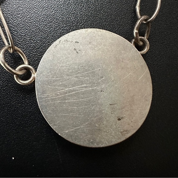 Handmade & Signed Sterling Silver Large Green & White Circle Necklace Vintage - Picture 10 of 14